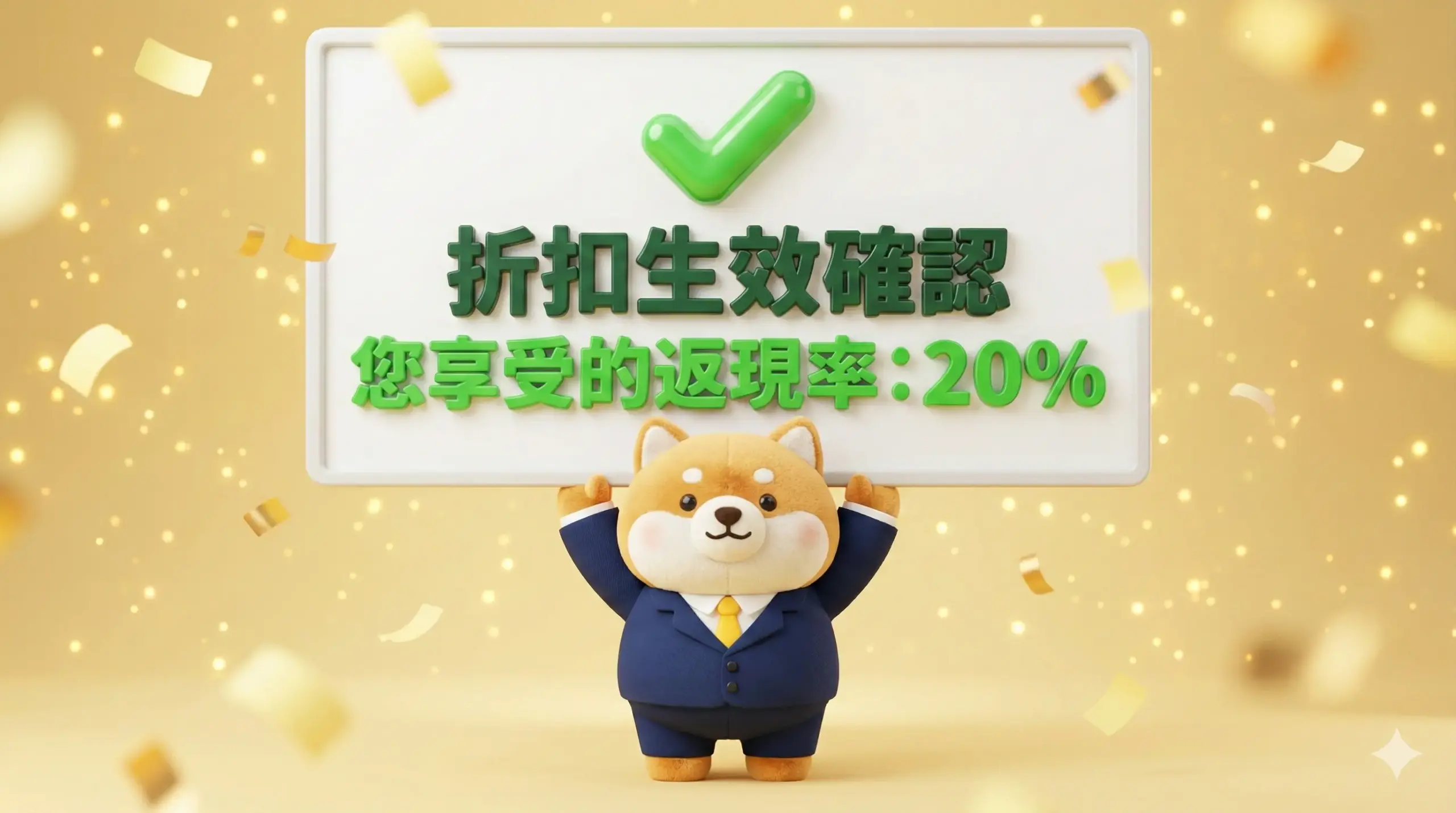 幣安註冊優惠證明：可愛柴犬展示成功獲得 20% 返現的畫面