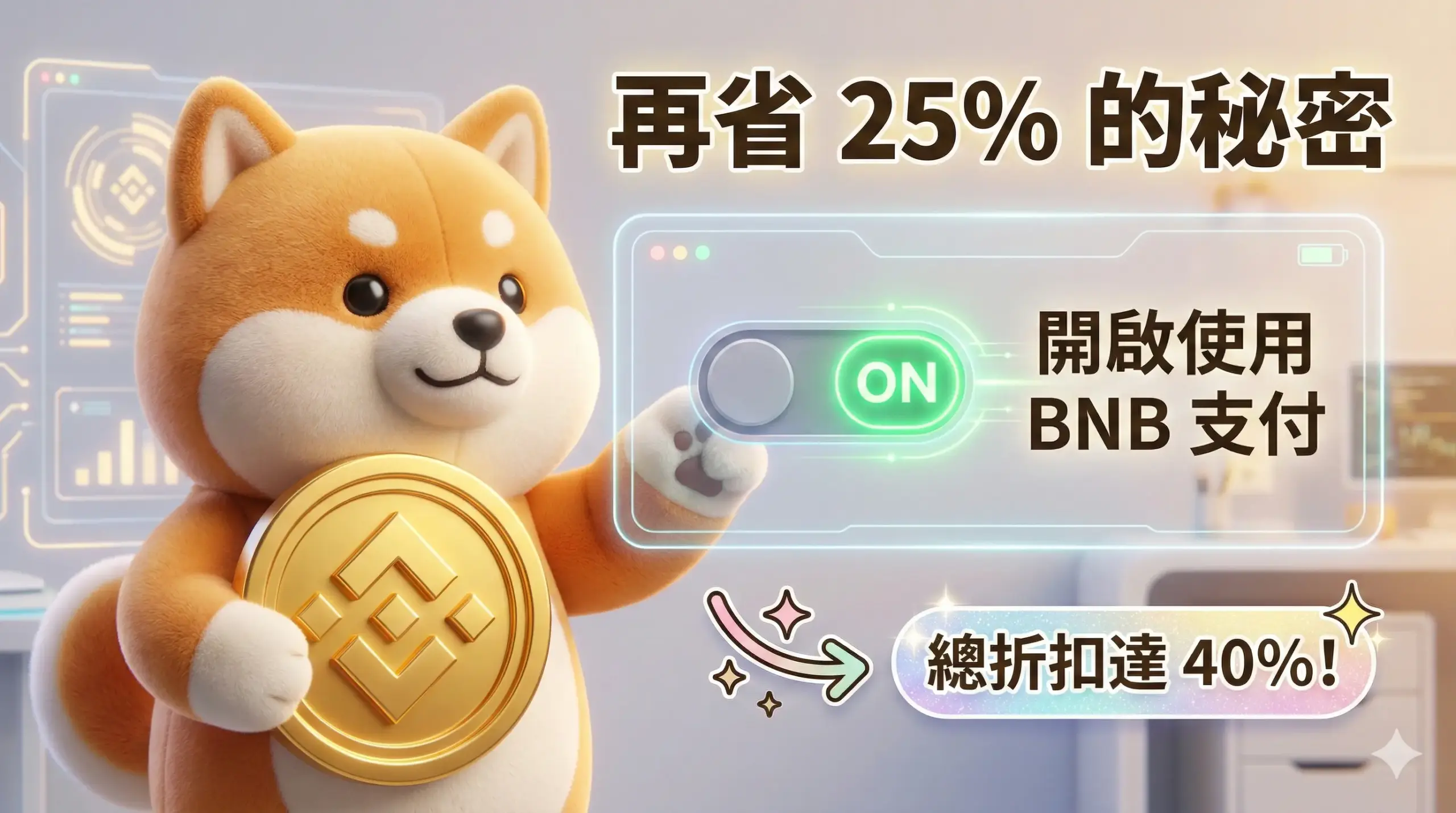 幣安後台教學：柴犬引導開啟 BNB 支付功能以獲得 40% 總手續費折扣