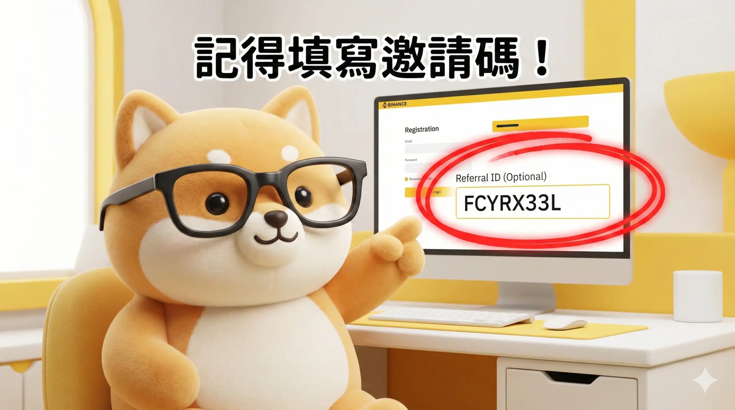 2026 幣安註冊教學：柴犬指引在 App 註冊畫面填寫推薦人 ID FCYRX33L 的位置