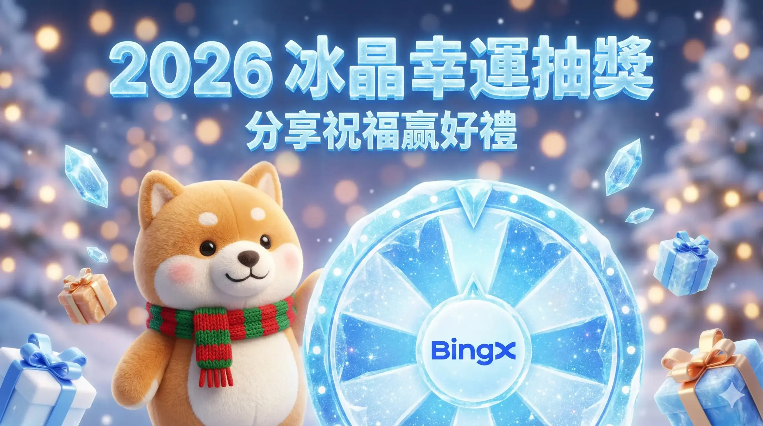 BingX 2026 冰晶幸運抽獎活動頁面圖解：分享祝福領取冰晶贏好禮