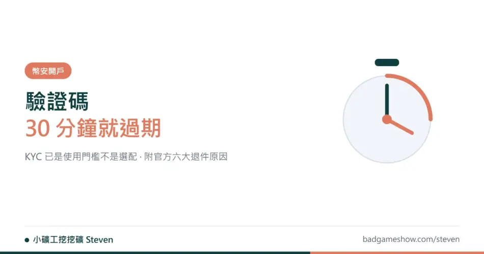 幣安註冊教學:官方規格、KYC 六大退件原因與邀請碼填寫時機 2 幣安註冊教學封面:驗證碼 30 分鐘倒數計時示意