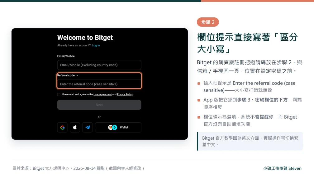 Bitget 官方註冊頁截圖，邀請碼輸入框提示寫著 case sensitive 區分大小寫